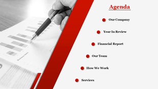 Professional agenda template with a list of sections and a grayscale image of a pen pointing at a bar chart.