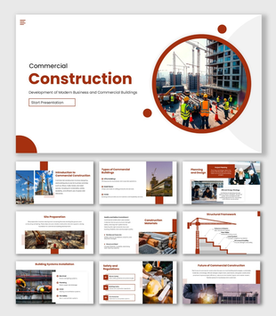 Construction PowerPoint Templates with cranes and workers site image, orange circle shapes and clean white layout.