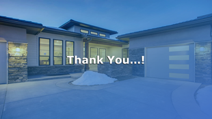 Thank you slide featuring a blue tinted residential house with modern architecture, set against a twilight sky.