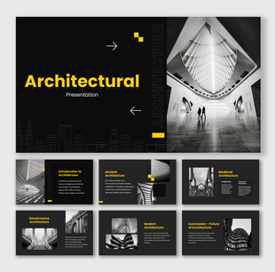 Architectural Presentation PowerPoint with black-yellow theme, building photos, shapes, and text holders.