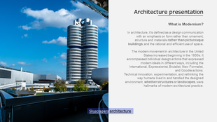 Modern architecture-themed slide combining a striking urban skyline photo with descriptive text about design philosophies.
