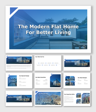 Architecture PowerPoint slides for a modern flat home, with sections on design, amenities, expertise, and more.