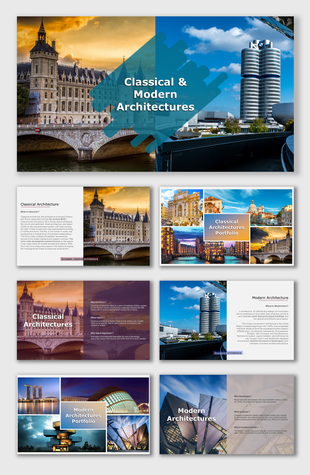 Architectural portfolio design slide deck highlighting historic and contemporary buildings with bright lights and view.
