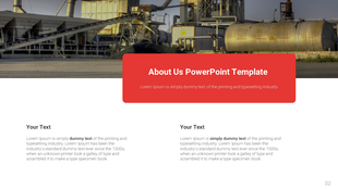 About us slide with a large red banner at the top, and two sections for text below, set against an industrial background.
