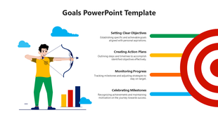 Goal setting PowerPoint slide with an illustration of a person aiming an arrow at a target and various steps.