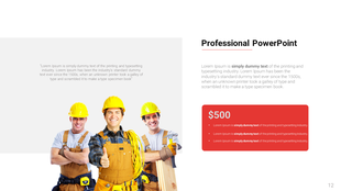 Professional slide featuring three construction workers in yellow helmets and tool belts, with text and a red pricing box.