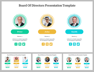 A pack of board of directors slides showcasing three directors with photos, names, and brief descriptions, along with icons.