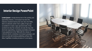 Interior design slide with conference room featuring a white table, black chairs, and large windows with vertical blinds.