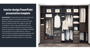 Interior design slide with text on the left and a well organized wardrobe with storage boxes, clothes, and shoes.
