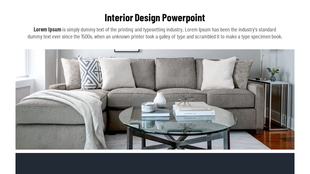 Interior design PowerPoint slide showcasing a contemporary living room with a glass table and comfy couch.