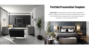 Portfolio slide featuring a modern living room with monochrome decor and a bedroom with dark panel walls and furnishings.
