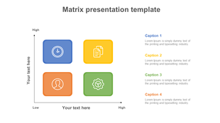 Matrix slide with four colored quadrants, each with an icon representing different categories and captions on the right.