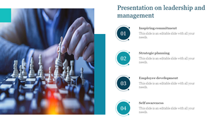 Leadership and management slide featuring a chess strategy image on the left and four numbered steps on the right.
