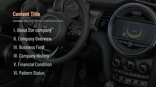 Content PPT slide featuring a list with headings, set against a background of a car's interior dashboard.