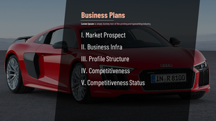 Business plans slide with a red sports car in the background, a dark overlay on the left, and a numbered list of topics.