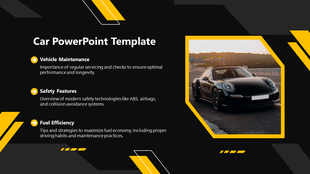 Car PPT template showcasing a black sports car alongside topics on vehicle maintenance, safety features, and fuel efficiency.