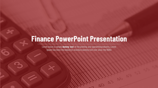Finance presentation slide with a blurred red-toned background featuring a calculator and a pen on a chart.