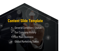 Content slide template featuring a person touching a digital interface with icons, and text, on a dark backdrop.
