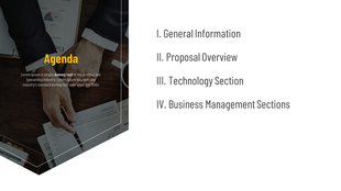 Agenda slide with four sections from general information to business management Sections, alongside a meeting background.