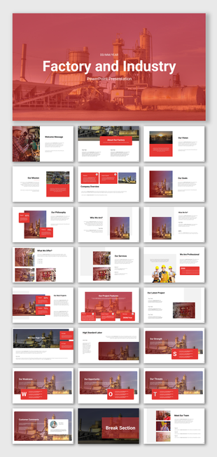 Factory and industry PPT presentation slides with various sections including company overview, mission, services, and goals.