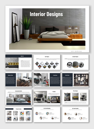 Interior design slide featuring a modern bedroom with minimal decor and soft lighting alongside a series of content slides.
