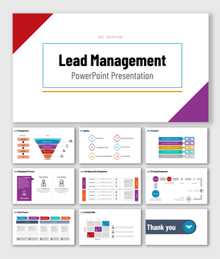 Lead Management template featuring a title slide and multiple content slides with funnels, charts, and process diagrams.
