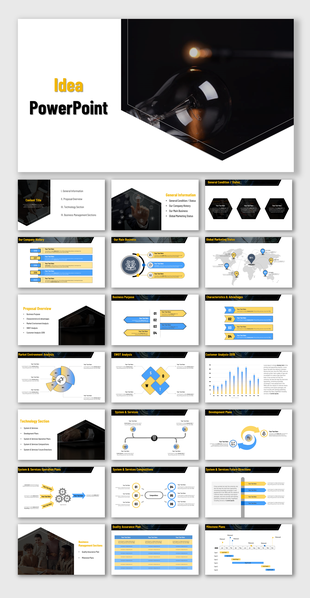 A variety of PowerPoint presentation slides on topics like SWOT analysis, market environment, and business management.