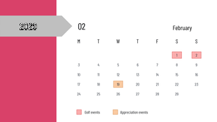 February 2020 calendar with golf events in pink , and an appreciation event in orange  with a color legend.