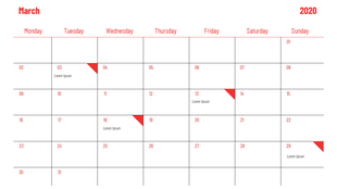 PowerPoint slide with a calendar for March 2020, featuring red dates with text placeholders.