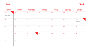 June 2020 calendar layout with red accents and placeholders for text on the three dates of the month.