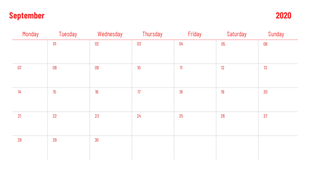 Red-themed September 2020 calendar featuring a Monday-to-Sunday format with a basic grid design.