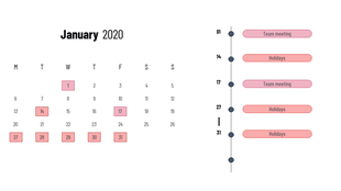 January 2020 calendar with highlighted dates in red and a vertical timeline on the right displaying scheduled events.