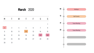 Calendar template showing March 2020, with special events highlighted, including holidays and team meetings.