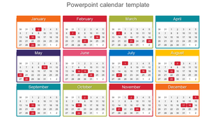 Multicolour calendar template featuring a month-by-month layout with key dates highlighted in red, perfect for planning.