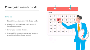 June calendar slide with a businessman pointing to the first day of the month, and holding a clock.