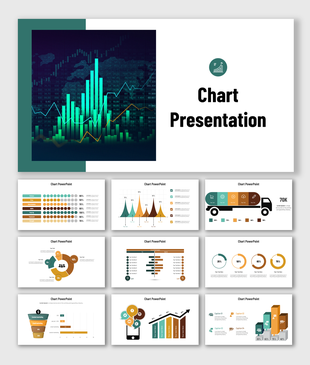 Chart template featuring a cover slide deck with a glowing stock market bar chart and multiple infographic slides.