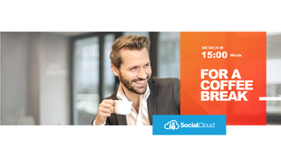 Slide design featuring a man enjoying coffee, an orange banner with a countdown, and a company logo.