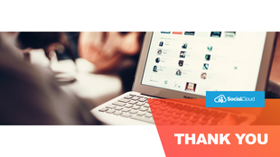 Modern thank you slide with a focused laptop screen, SocialCloud branding, and an orange overlay with bold text.