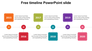 Timeline PPT slide with years 2015 to 2020, featuring colorful year blocks and placeholder text.