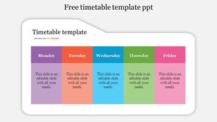 Colorful weekly timetable slide displaying sections for each weekday from Monday to Friday with placeholder text.