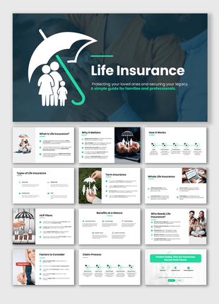 Life Insurance PowerPoint template covering benefits, types, claims, and financial protection planning.  Select 88 more words