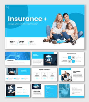 Insurance PPT Template with blue theme, family image, icons, shapes, and clean modern presentation slide layouts.