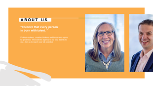 About Us PowerPoint template with two professional portraits and a motivational quote on talent and creativity.