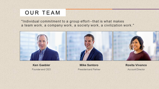 A team PPT slide displaying three professionals with their roles listed, accompanied by a motivational quote on teamwork.