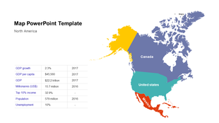 Color coded North America map highlighting Canada, the U.S., and Mexico, with an economic statistics table.