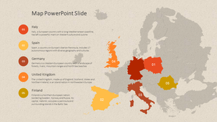 Beige themed map displaying five European countries in distinct colors, with descriptions aligned on the left.