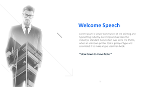 Black and white slide design with a formal image of a suited man and welcome speech text, including a motivational quote.