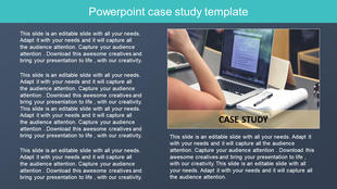 Case study PPT template featuring a photo of a person working on a laptop, with a focus on text instructions.