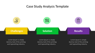 Case study analysis slide with three key steps challenges in yellow, solution in green, and results in purple with icons.