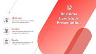 Business case study slide layout with headings for challenges, solutions, and results, designed with a gradient background.